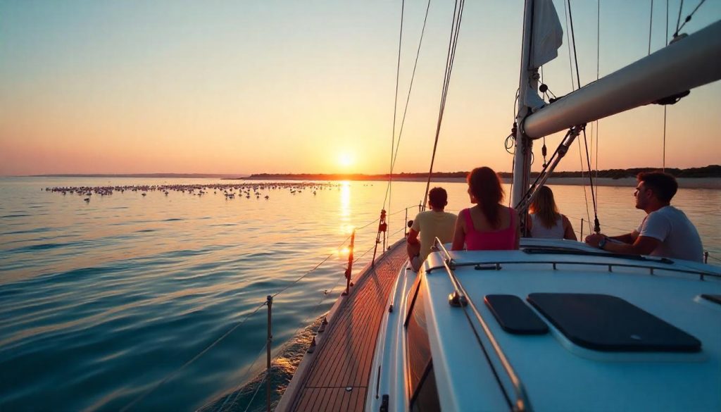 Yacht at Ilha Deserta during Algarve yachting, with a family on the deck and the lagoon in the background.